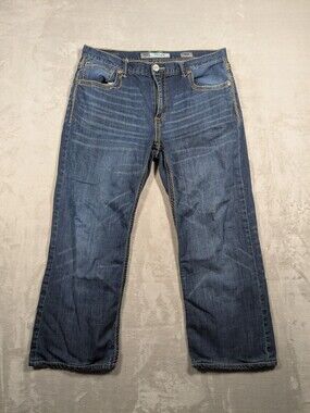 BKE Tyler Jeans Mens 36x28 Blue Relaxed Straight Leg Whiskered Embroidered